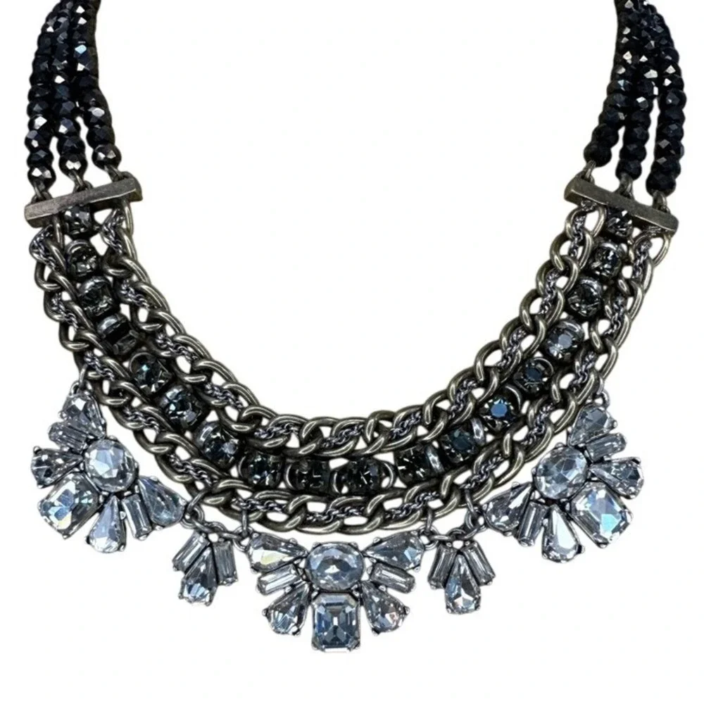 LOFT‎ Statement Necklace Black Silver Multi Strand Rhinestone Crystal Bib